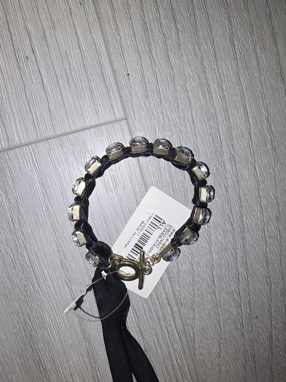 Forever 21 Black Ribbon Bracelet with Clear Crystal Beads and Gold Accents